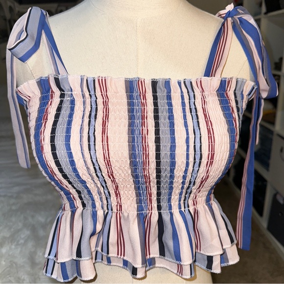 Kyerivs | NWOT Striped Ruffled Smocked Peplum Crop Top Tie Shoulder Straps - Picture 5 of 10